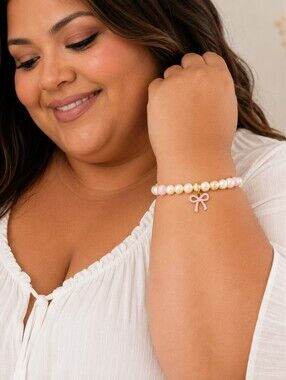 Plus Size Bow Charm Bracelet | Handmade Stretch Bracelet | Pink & Ivory Pearl Be